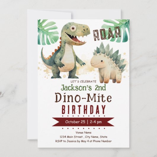 Invitation Dinosaur 2e aquarelle d'anniversaire (Devant)