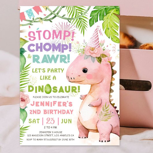 Invitation Dinosaur 2e fête d'anniversaire Pink Dinosaur fill