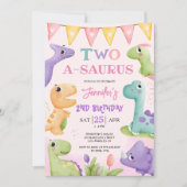 Invitation Dinosaur 2ème anniversaire Fille rose mignonne Din (Devant)