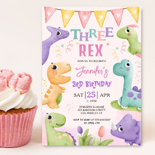 Invitation Dinosaur 3ème anniversaire fille mignonne Trois Re