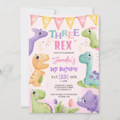 Invitation Dinosaur 3ème anniversaire fille mignonne Trois Re (Devant)