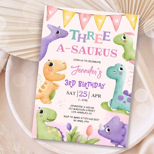 Invitation Dinosaur 3ème anniversaire mignonne Trois A-Saurus