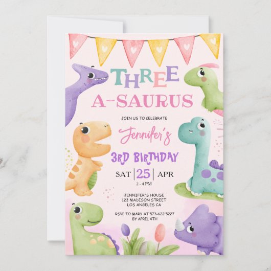Invitation Dinosaur 3ème anniversaire mignonne Trois A-Saurus (Devant)