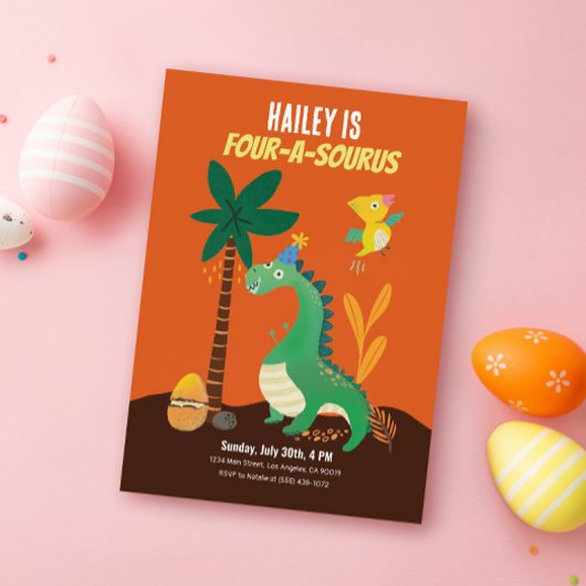 Invitation Dinosaur 4-A-Saurus Enfants Quatrième anniversaire