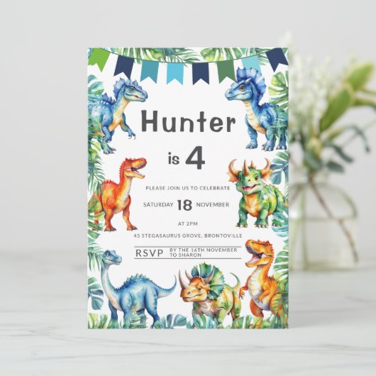 Invitation Dinosaur 4e anniversaire (Debout devant)