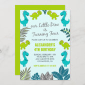 Invitation Dinosaur 4e anniversaire jungle enfants vert t rex (Devant / Derrière)