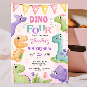 Invitation Dinosaur 4e anniversaire Pink Cute Dino-Four Party