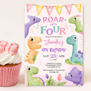Invitation Dinosaur 4e Anniversaire Rose Mignon Rugit Dans Qu