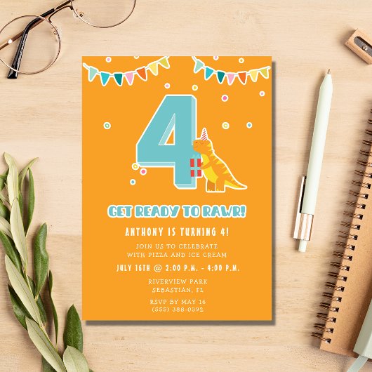 Invitation Dinosaur 4e fête d'anniversaire de garçon
