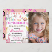 Invitation Dinosaur 5e anniversaire fille Cinq A-Saurus photo (Devant / Derrière)