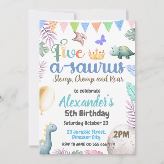 Invitation Dinosaur 5e anniversaire Parti Cinq-A-Saurus (Devant)