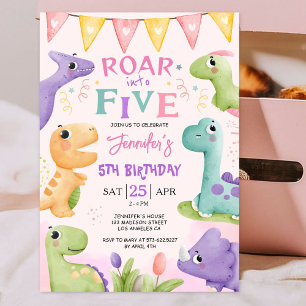 Invitation Dinosaur 5e Anniversaire Rose Mignon Rugit Dans Ci