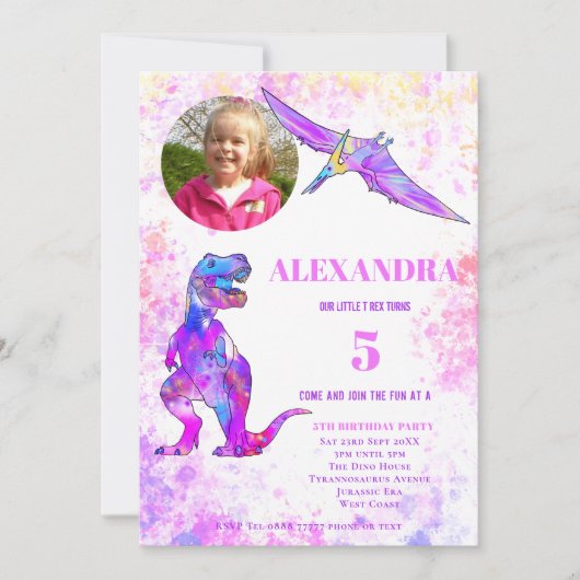 Invitation Dinosaur 5e anniversaire T Rex photo rose (Devant)