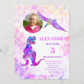 Invitation Dinosaur 5e anniversaire T Rex photo rose (Devant / Derrière)