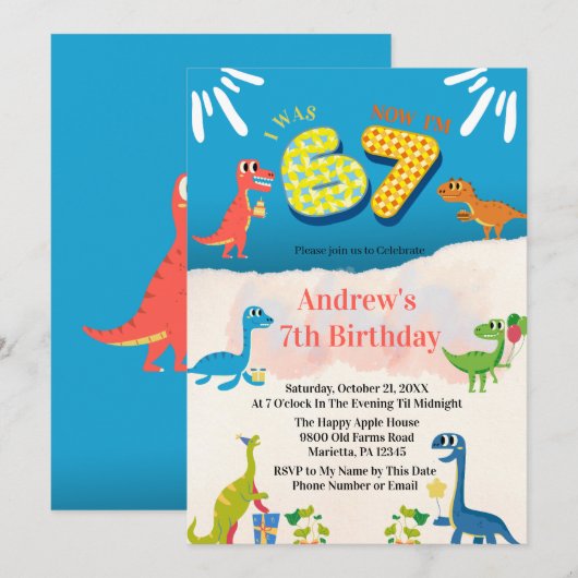 Invitation Dinosaur 7th Birthday Party I Was 6 Now I'm 7 (Devant / Derrière)