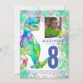 Invitation Dinosaur 8ème anniversaire de fête Photo Bleu (Devant)