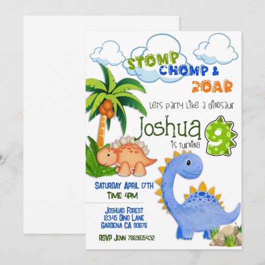 Invitation Dinosaur à l'invitation de 9 ans (Devant / Derrière)