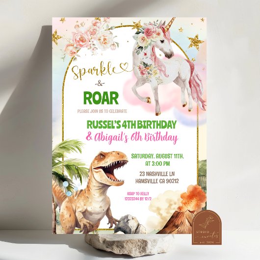 Invitation Dinosaur and Rainbow Pastel Unicorn Joint Birthday