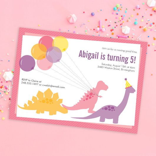 Invitation Dinosaur Anniversaire Balloon rose violet budget d