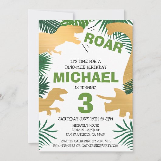 Invitation Dinosaur Anniversaire de enfant Gold Dinos Trex Bo (Devant)