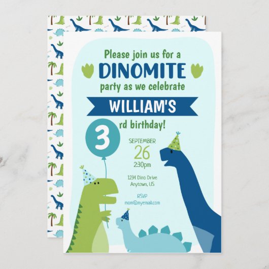 Invitation Dinosaur Anniversaire Dino Party Bleu et Vert (Devant / Derrière)