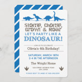 Invitation Dinosaur Anniversaire Fête Bleu Stomp Chomp Roar (Devant / Derrière)