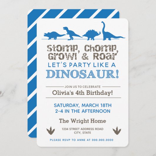 Invitation Dinosaur Anniversaire Fête Bleu Stomp Chomp Roar (Devant / Derrière)
