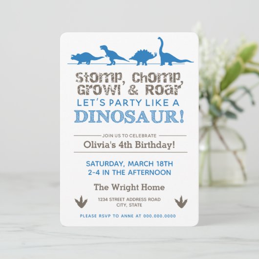 Invitation Dinosaur Anniversaire Fête Bleu Stomp Chomp Roar (Debout devant)