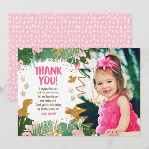Invitation Dinosaur Anniversaire fille Gold Rose Leave Merci