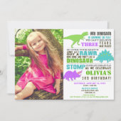 Invitation Dinosaur anniversaire fille violet vert turquoise  (Devant)