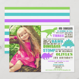 Invitation Dinosaur anniversaire fille violet vert turquoise 