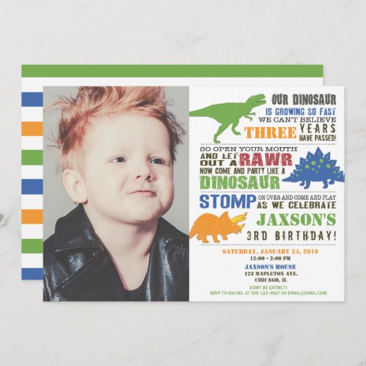 Invitation Dinosaur anniversaire garçon vert bleu orange (Devant / Derrière)