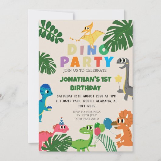Invitation Dinosaur Anniversaire Simple mignonne Premier anni (Devant)