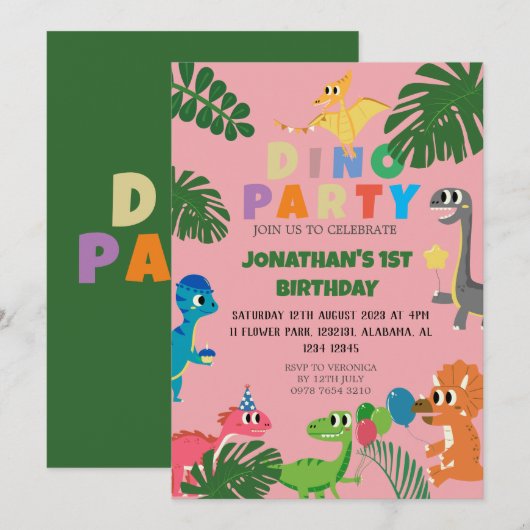 Invitation Dinosaur Anniversaire Simple mignonne Premier anni (Devant / Derrière)