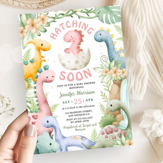 Invitation Dinosaur Baby Shower Girl Pink Dino 
