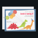 Invitation Dinosaur Ballons d'anniversaire Blue Red Party<br><div class="desc">Ces dinosaures ludiques et colorés sont prêts à fêter un bon anniversaire ! Cette invitation présente un défilé de potes préhistoriques avec des ballons et des casquettes de fête. Ce design est en bleu,  rouge et vert.</div>