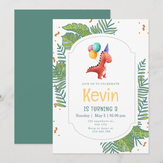 Invitation Dinosaur Birthday Invitation, Three Rex Birthday (Devant / Derrière)