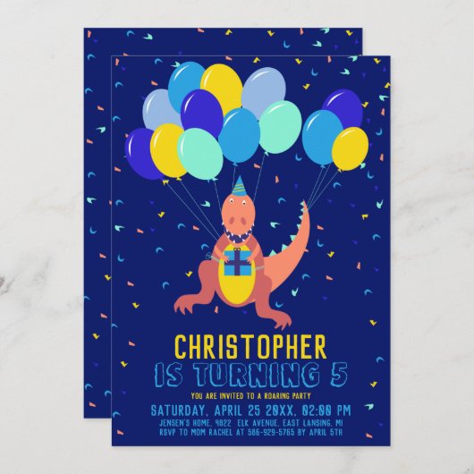 Invitation Dinosaur bleu bleu jaune Balloon Confetti Garçon A (Devant / Derrière)