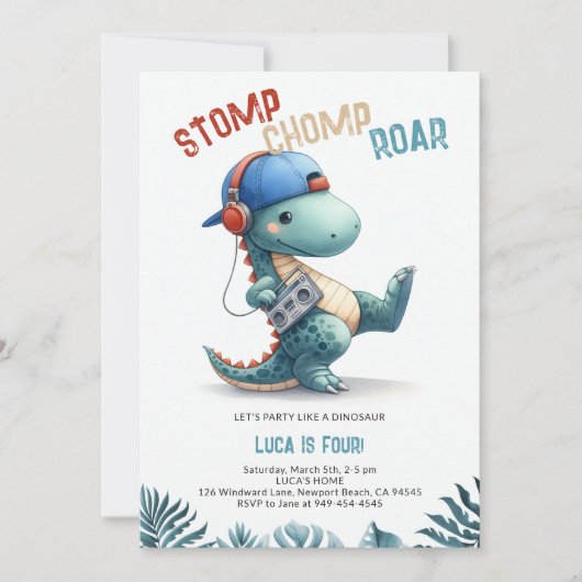 Invitation Dinosaur Boom Box Stomp Chomp Roar Boy Anniversair (Devant)