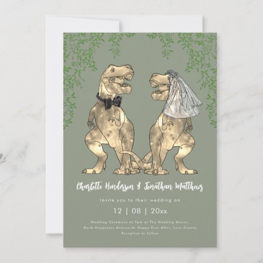 Invitation Dinosaur Bride & Groom Sage Green Wedding QR Code (Devant)