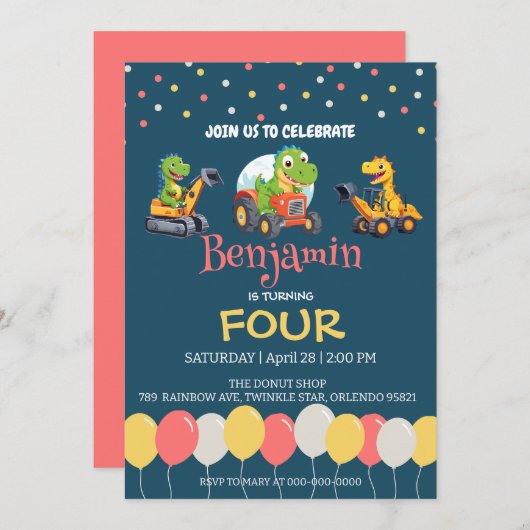 Invitation Dinosaur camion camion ballon école Anniversaire (Devant / Derrière)