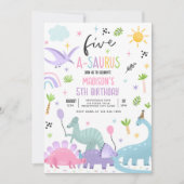 Invitation Dinosaur Cinq-A-Saurs Rose 5e fête d'anniversaire (Devant)