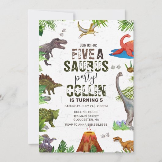 Invitation Dinosaur Cinq A Saurus 5E Anniversaire (Devant)
