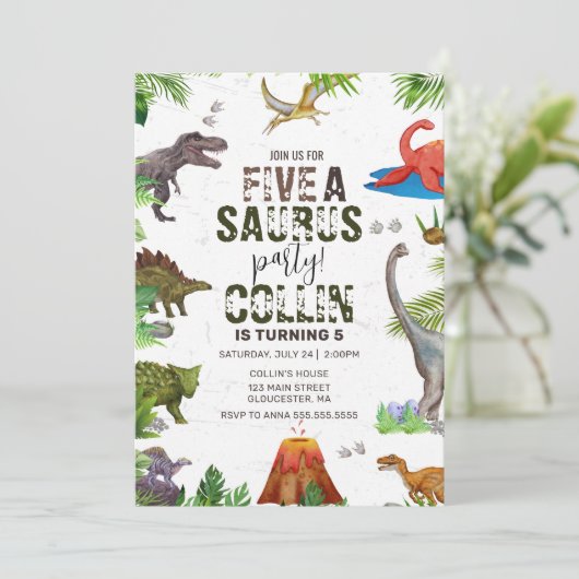Invitation Dinosaur Cinq A Saurus 5E Anniversaire (Debout devant)