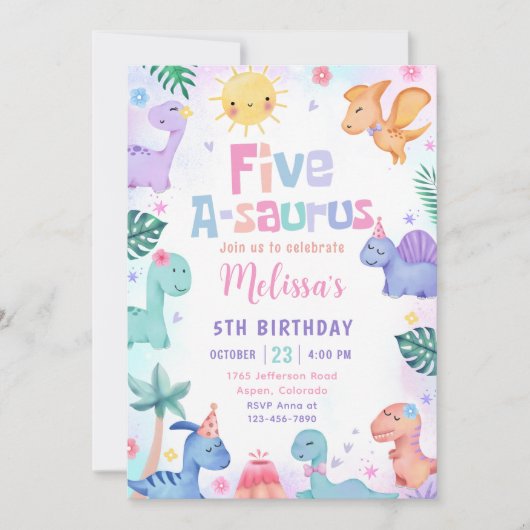 Invitation Dinosaur Cinq-A-Saurus 5e fête d'anniversaire (Devant)