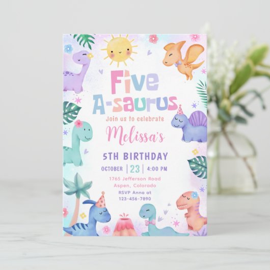 Invitation Dinosaur Cinq-A-Saurus 5e fête d'anniversaire (Debout devant)