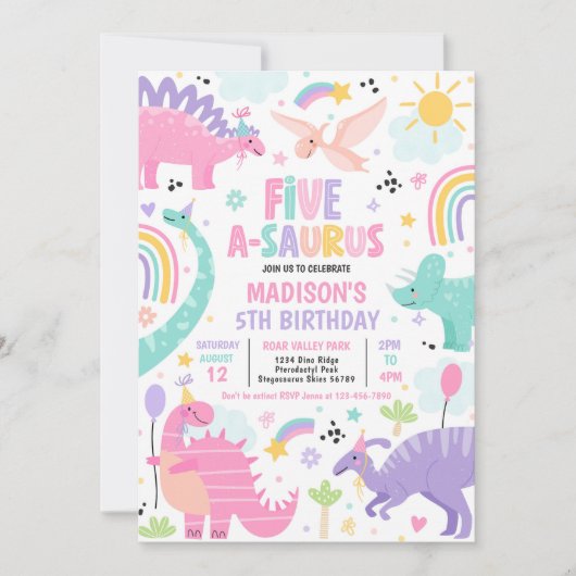 Invitation Dinosaur Cinq-A-Saurus 5e fête d'anniversaire (Devant)