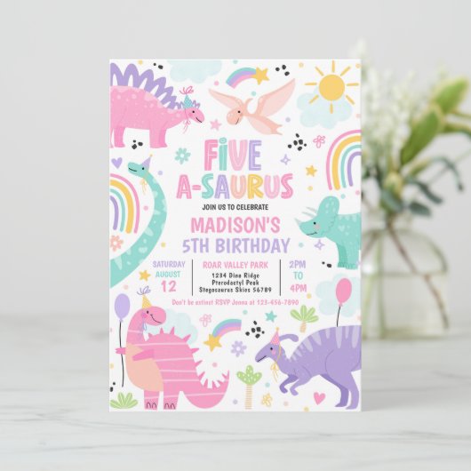 Invitation Dinosaur Cinq-A-Saurus 5e fête d'anniversaire (Debout devant)