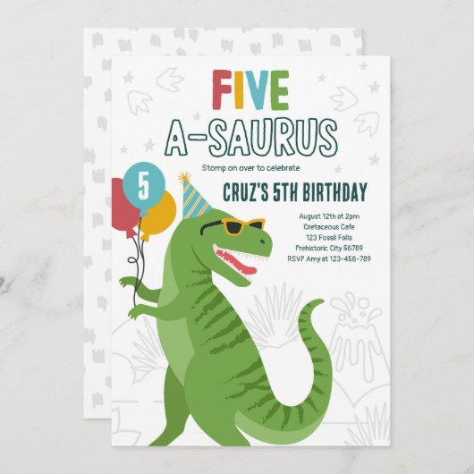 Invitation Dinosaur Cinq A-Saurus 5e fête d'anniversaire T-Re (Devant / Derrière)