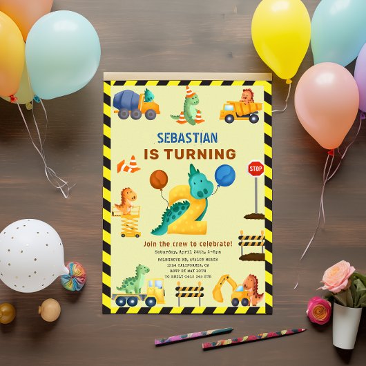 Invitation Dinosaur Construction 2e fête d'anniversaire